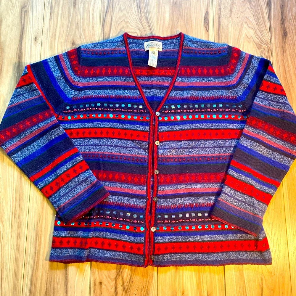ST. JOHN’S BAY- Red/ Blue Striped Cardigan
